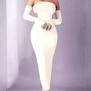 STRAPLESS SHOULDER CUT BODY CON DRESS